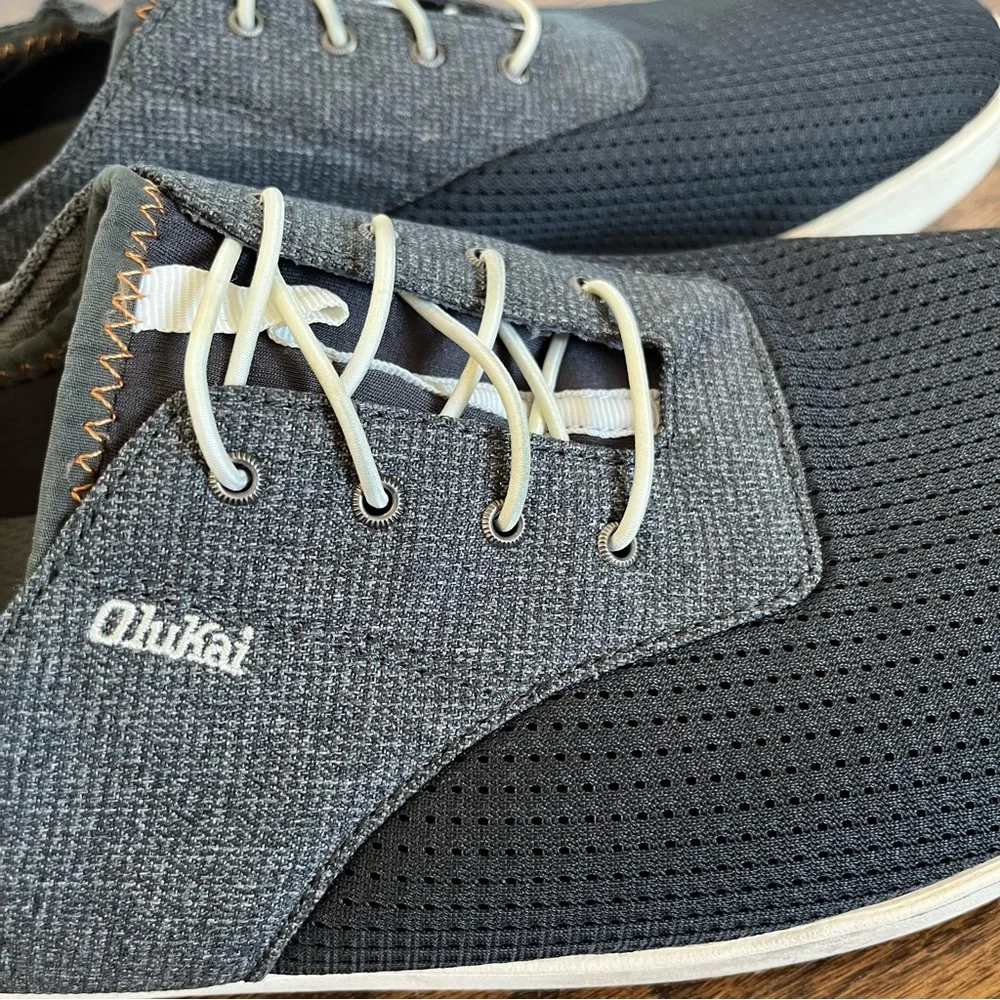 OluKai Men's No Tie Boat Shoes Nohea Moku Dark Shadow Blue Gray size 12 VGUC